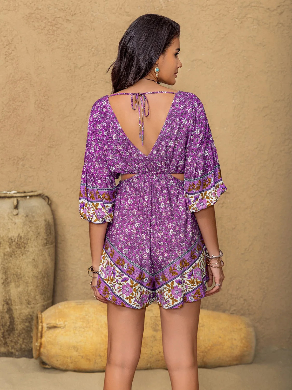 Image of Tied Front Cutout Printed Romper | Queeble.shop