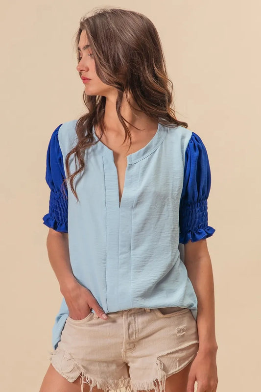 Image of BiBi Air Flow Color Block Puff Sleeves V Neck Top | Queeble.shop