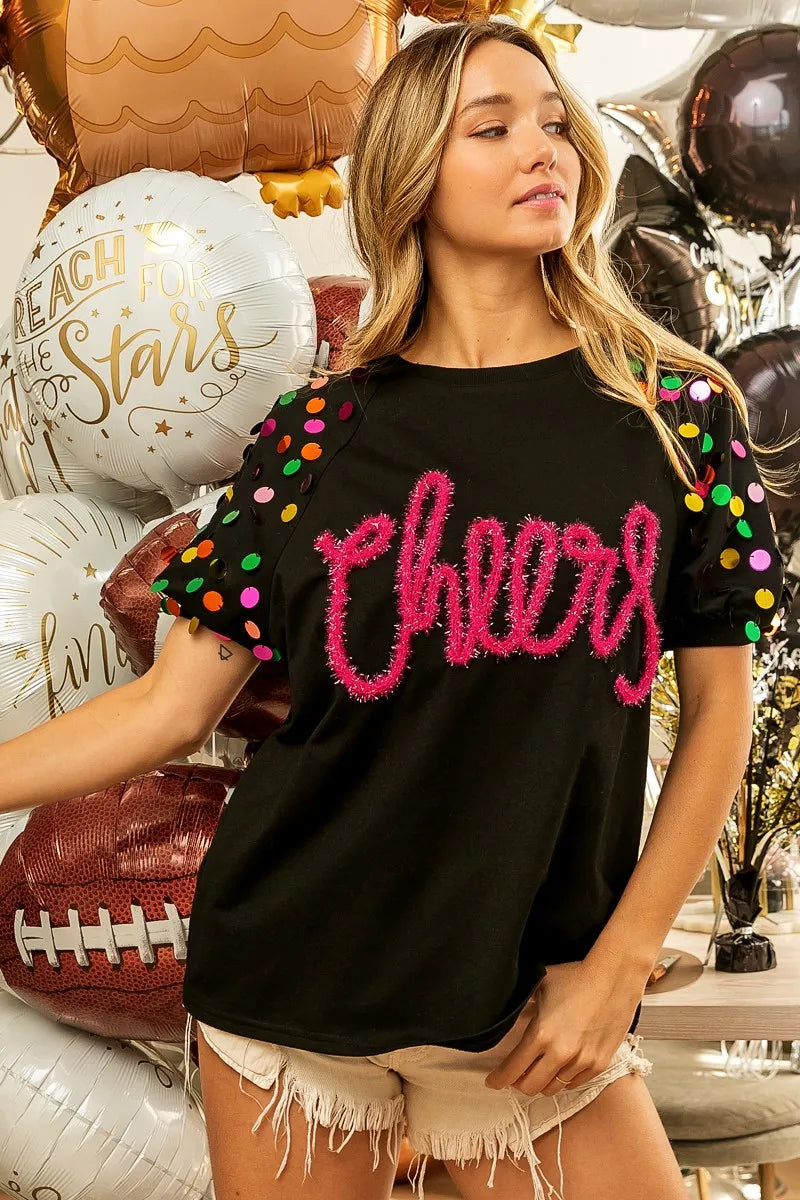 Image of BiBi Metallic Letter Spangle Raglan Puff Sleeve Top | Queeble.shop