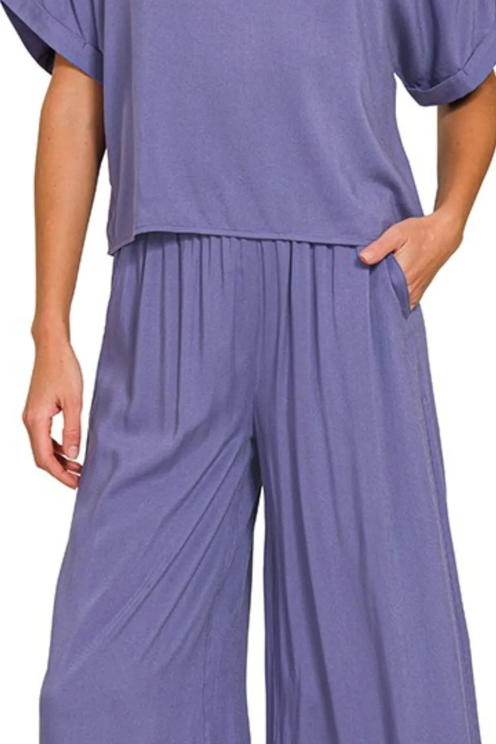 Image of Zenana Round Neck T-Shirt and Wide Leg Pants Set | Queeble.shop