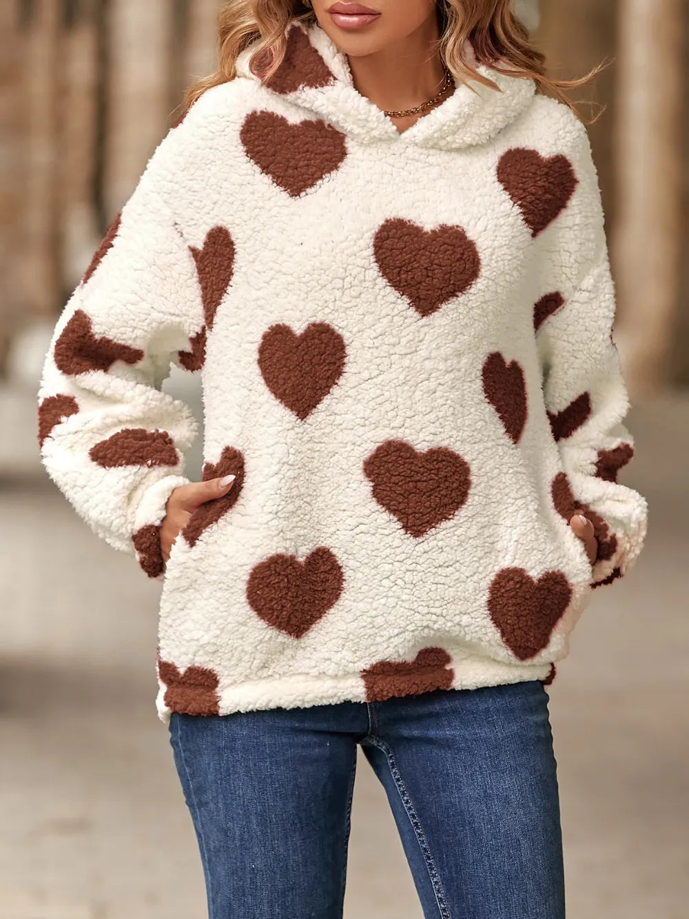 Image of Fuzzy Heart Pocketed Dropped Shoulder Hoodie | Queeble.shop