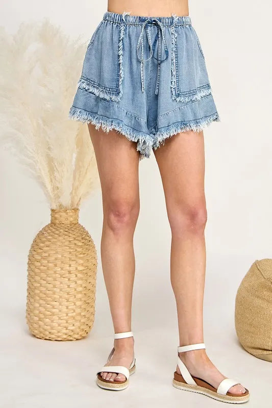 Image of SAGE+FIG Frayed Drawstring Denim Shorts | Queeble.shop
