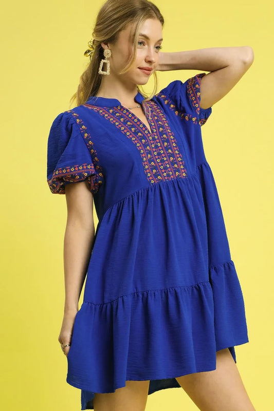 Image of Umgee Floral Trim Puff Sleeve Mini Dress | Queeble.shop