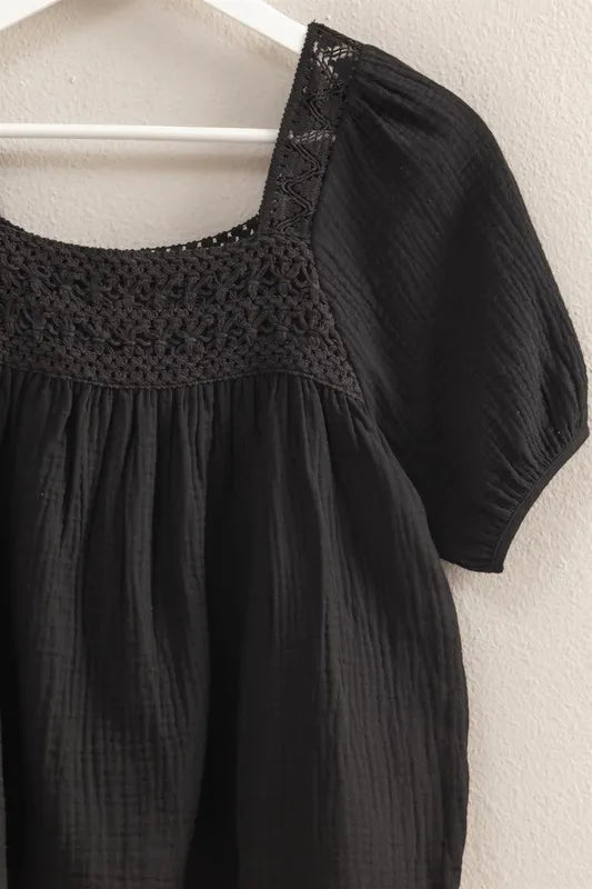 Image of HYFVE Crochet Detail Puff Sleeve Peasant Top | Queeble.shop
