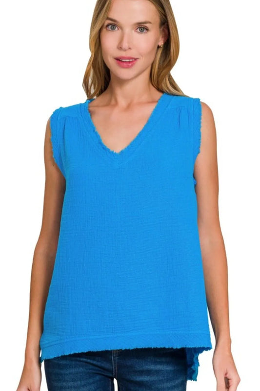 Image of Zenana Double Gauze Raw Edge V-Neck Tank | Queeble.shop