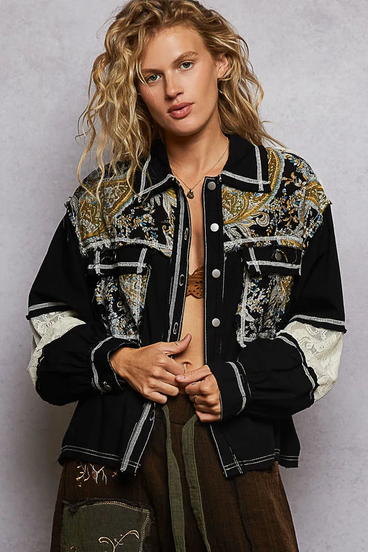 Image of POL Printed Woven Mix Raw Hem Jacket with Lace Detail | Queeble.shop