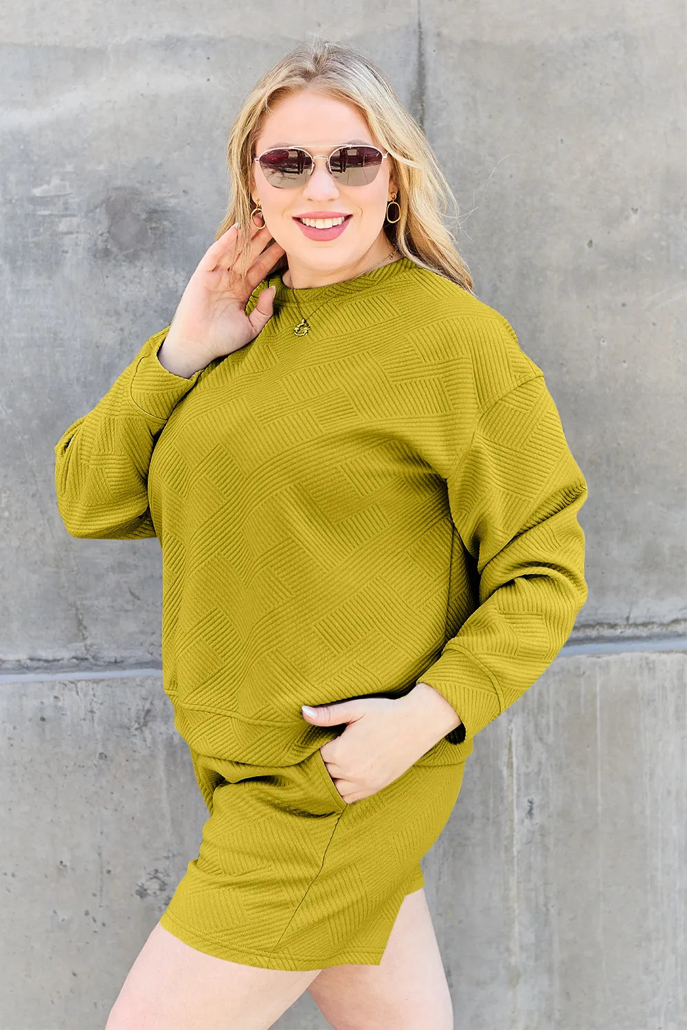 Image of Double Take Full Size Texture Long Sleeve Top and Drawstring Shorts Set | Queeble.shop