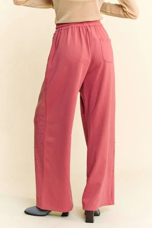 Image of Davi & Dani Rhinestone Drawstring Wide Leg Pants | Queeble.shop
