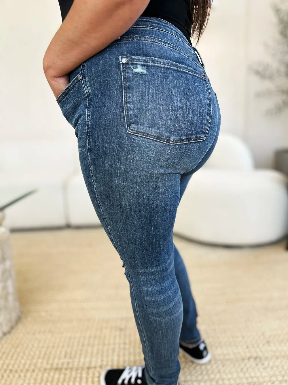 Image of Judy Blue Full Size Mid Waist Distressed Slim Jeans | Queeble.shop