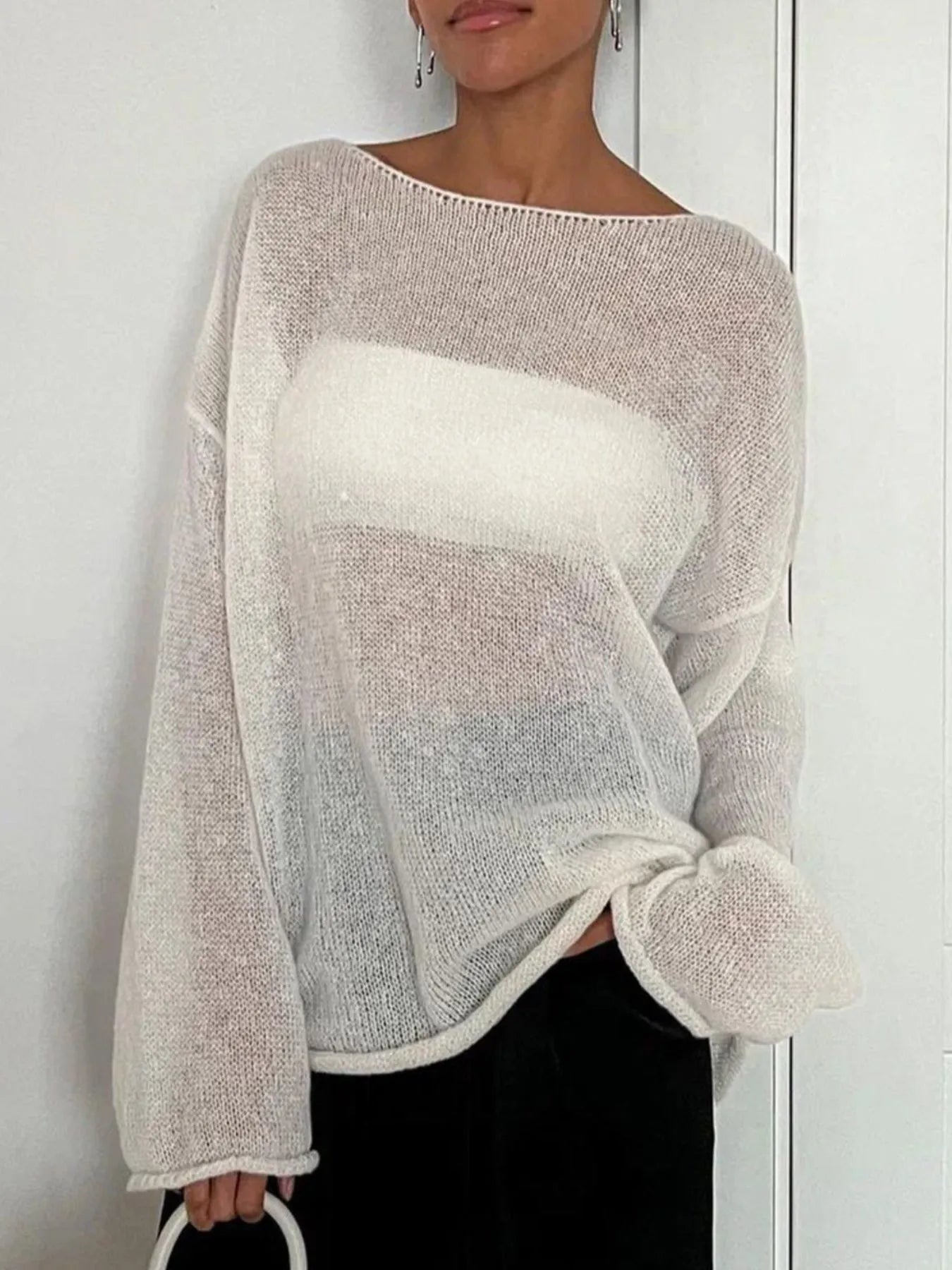 Image of Oversized Drop Shoulder Sheer Knit Top | Queeble.shop