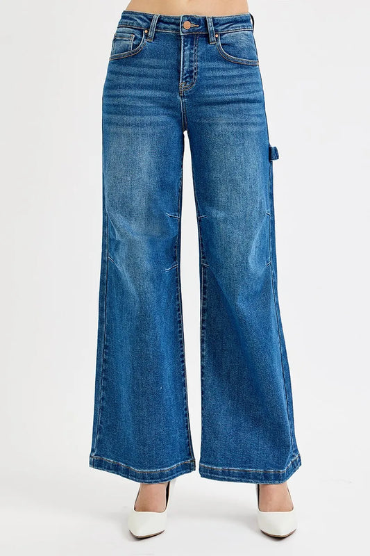 Image of RISEN Full Size High Rise Wide Leg Patch Detailed Jeans Plus Size | Queeble.shop