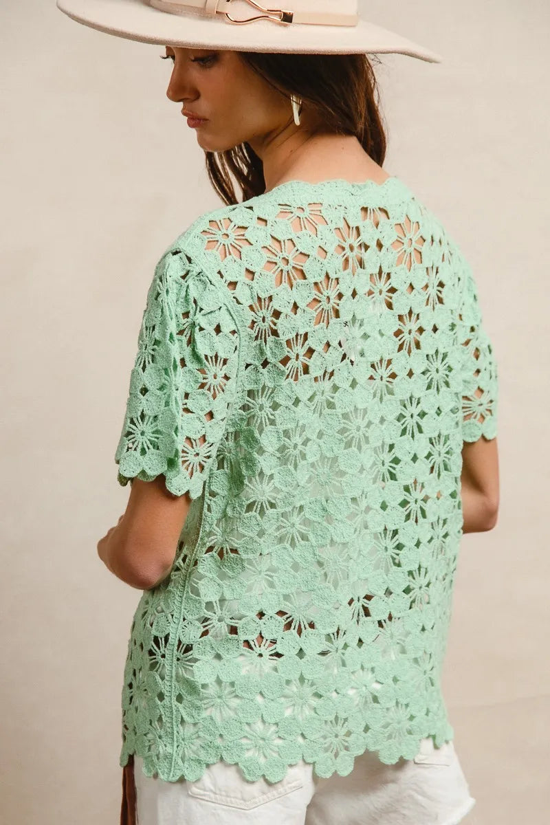 Image of BiBi Openwork Crochet Short Sleeve Knit Top | Queeble.shop