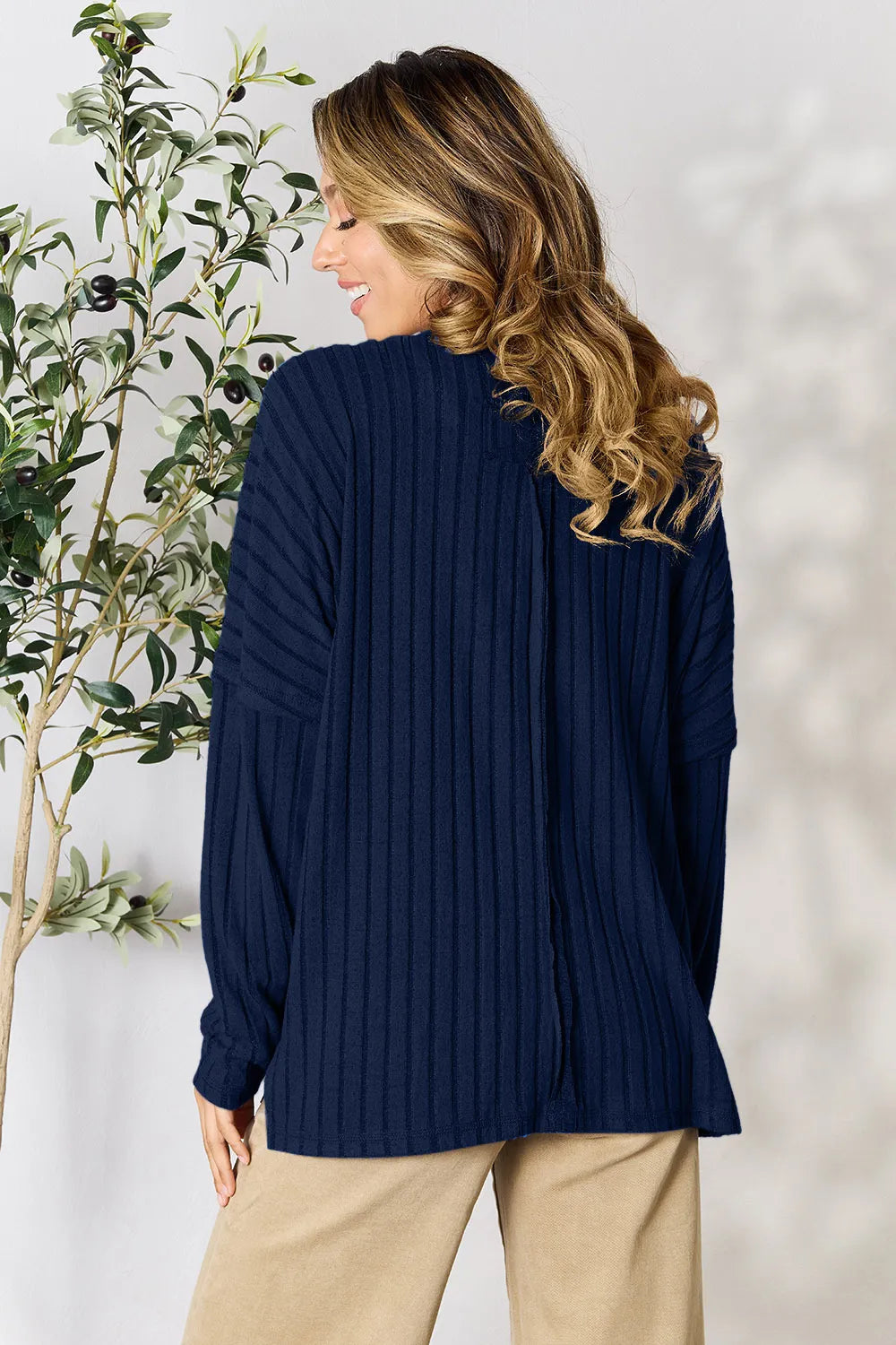 Image of Basic Bae Full Size Ribbed Round Neck Slit Knit Top | Queeble.shop