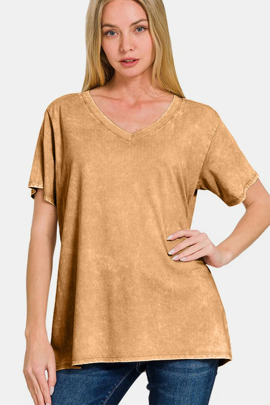 Image of Zenana Full Size Washed Short Sleeve V-Neck T-Shirt | Queeble.shop