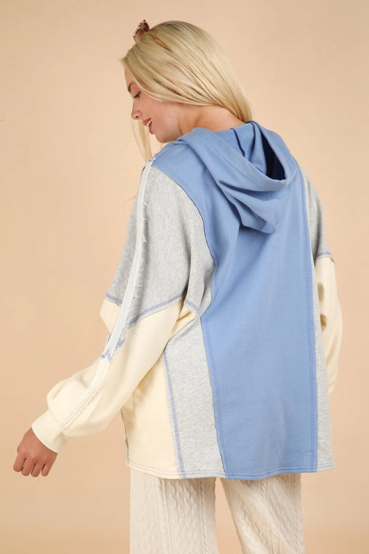 Image of VERY J Exposed Seam Color Block Half Button Hoodie | Queeble.shop