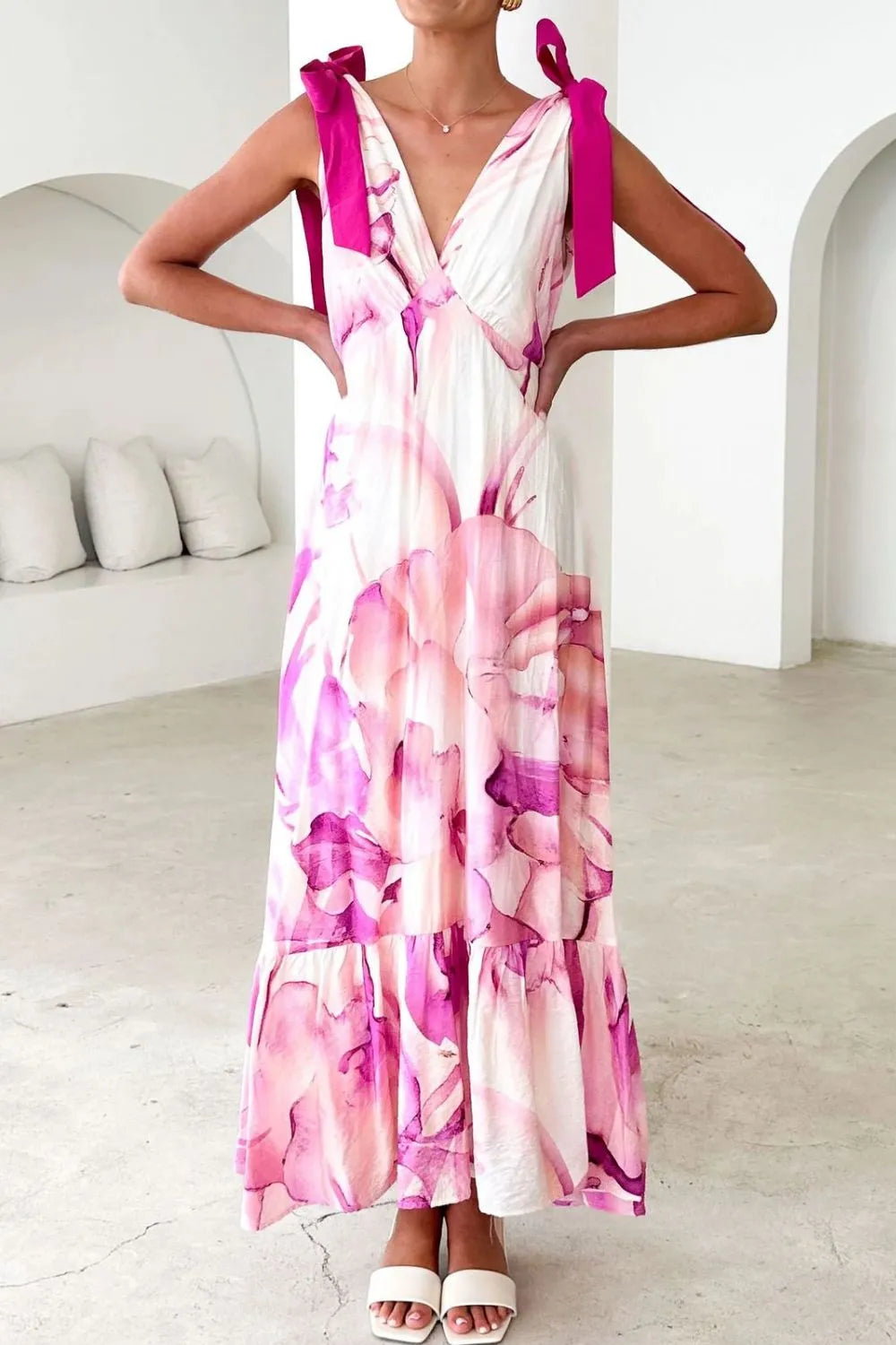 Image of Printed V-Neck Tie Shoulder Midi Cami Dress | Queeble.shop