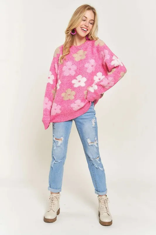 Image of ADORA Full Size Floral Popped 2-Tone Sweater Top Plus Size | Queeble.shop