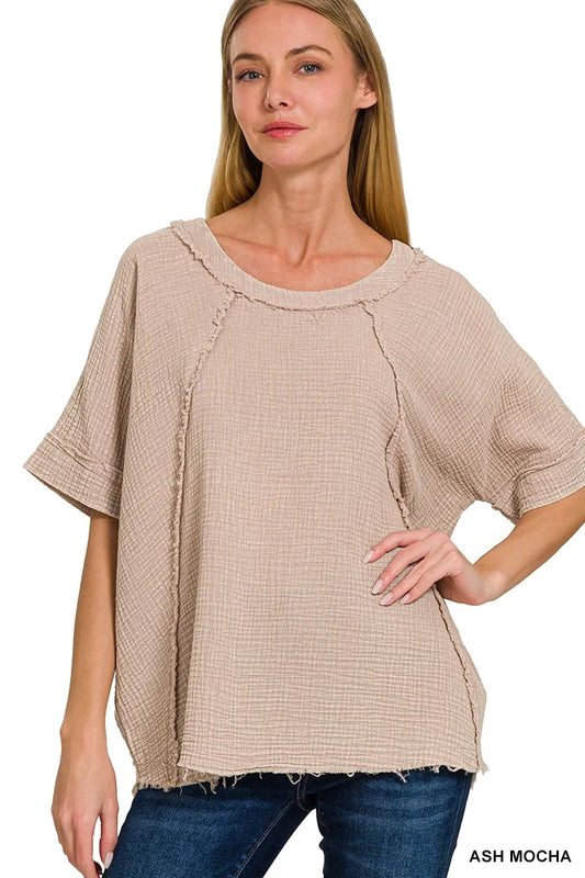 Image of Zenana Washed Double Gauze Exposed Seam Short Sleeve Top | Queeble.shop
