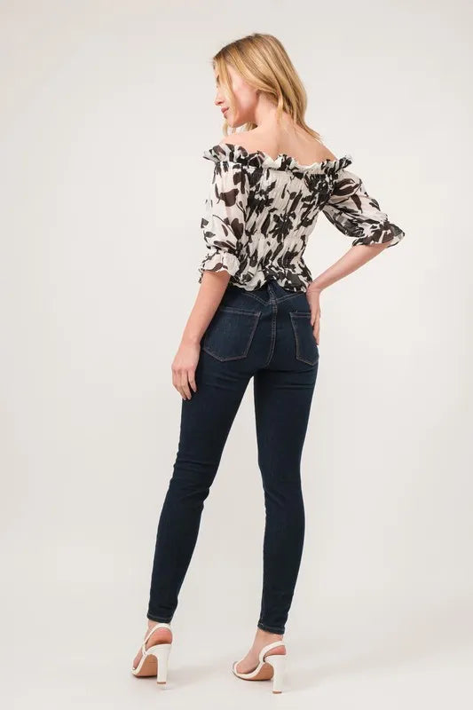 Image of And The Why Smocked Off-Shoulder Floral Printed Top | Queeble.shop