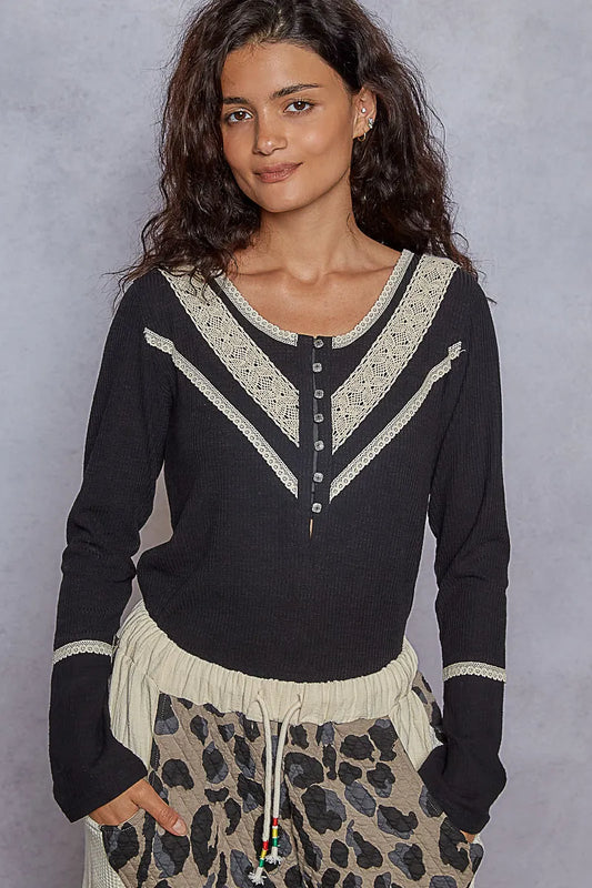 Image of POL Ribbed Half Button Lace Detail Knit Top | Queeble.shop