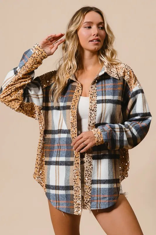 Image of BiBi Curved Hem Sequin Plaid Button Up Shacket | Queeble.shop