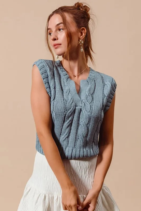 Image of SO ME Notched Neck Cable Knit Sweater Vest | Queeble.shop
