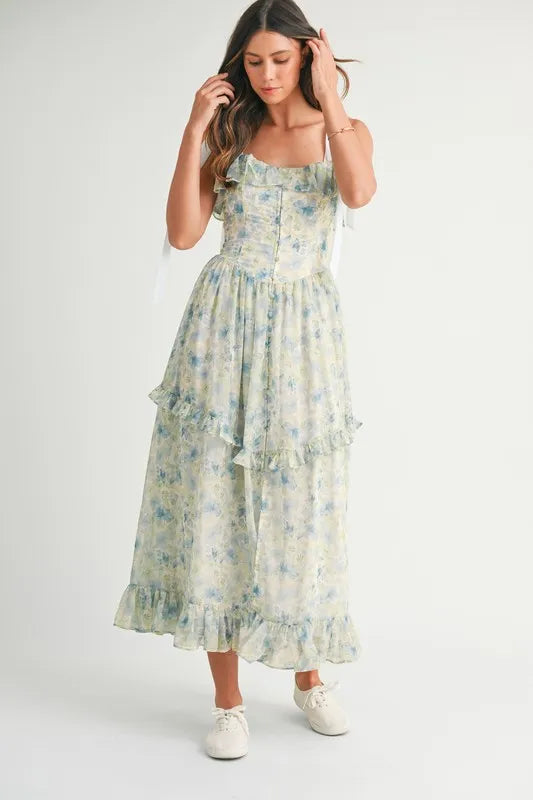 Image of MABLE Floral Printed Shoulder Strap Midi Dress | Queeble.shop