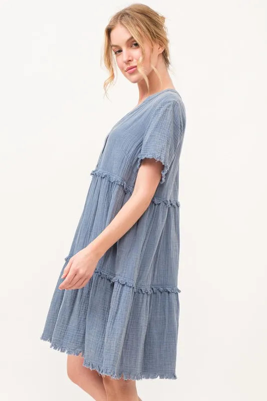 Image of And The Why Washed Frayed Detail Tiered Dress | Queeble.shop