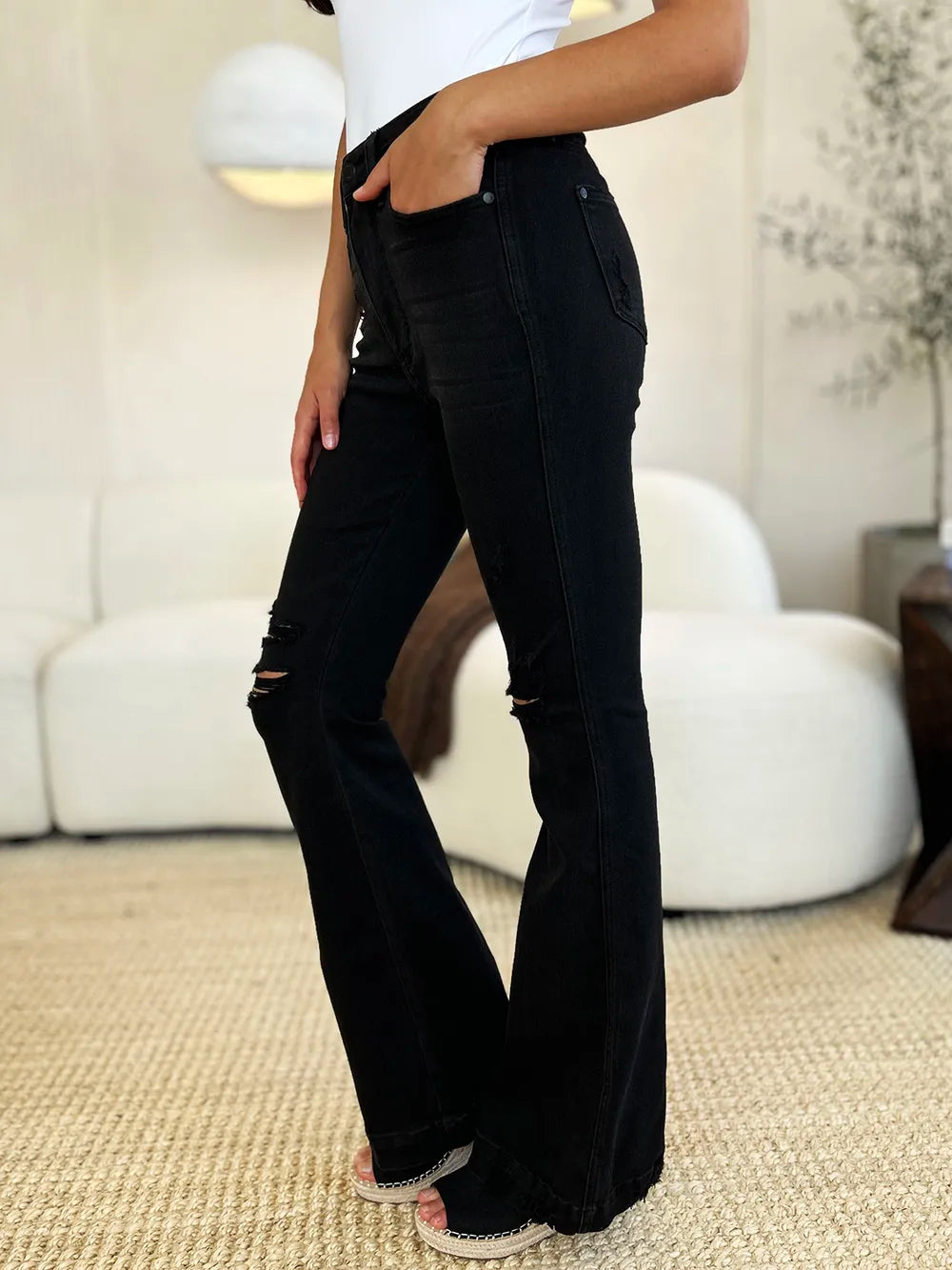 Image of Judy Blue Full Size High Waist Distressed Flare Jeans | Queeble.shop