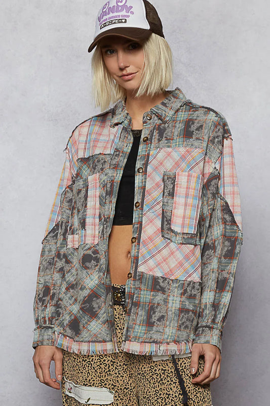 Image of POL Plaid Patchwork Long Sleeve Shirt with Raw Edge Detail | Queeble.shop
