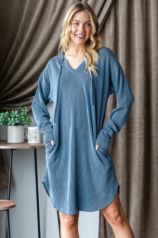 Image of Heimish Ribbed Long Sleeve Hooded Dress | Queeble.shop