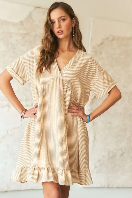 Image of ADORA Ruffled Hem Striped V-Neck Babydoll Dress | Queeble.shop