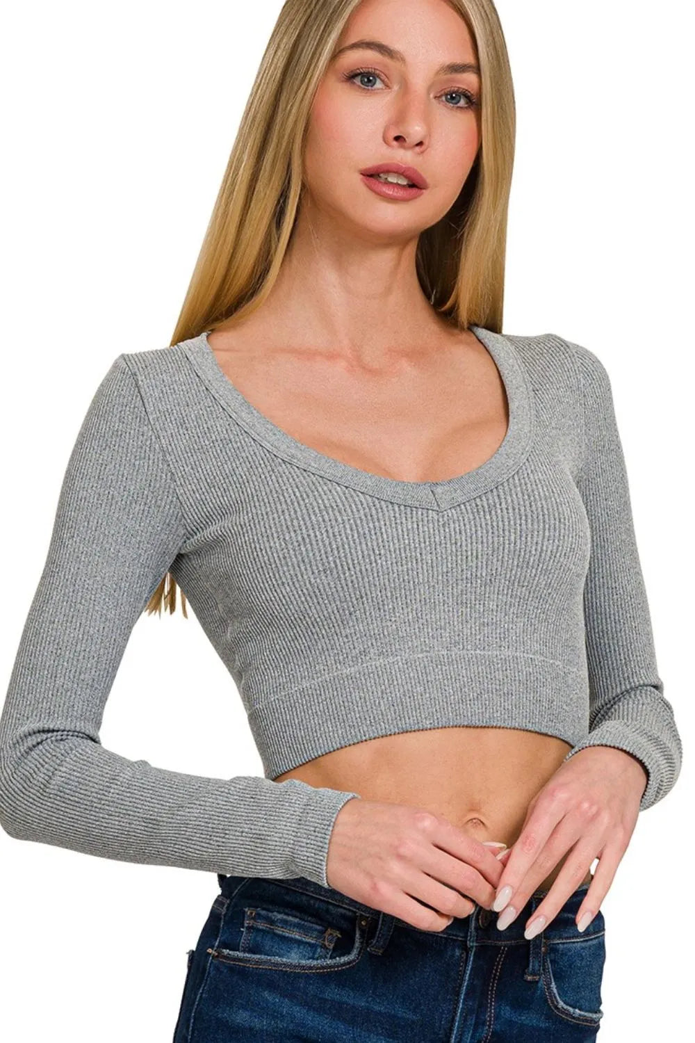 Image of Zenana Seamless Fitted Rib V-neck Long Sleeve Crop Top | Queeble.shop