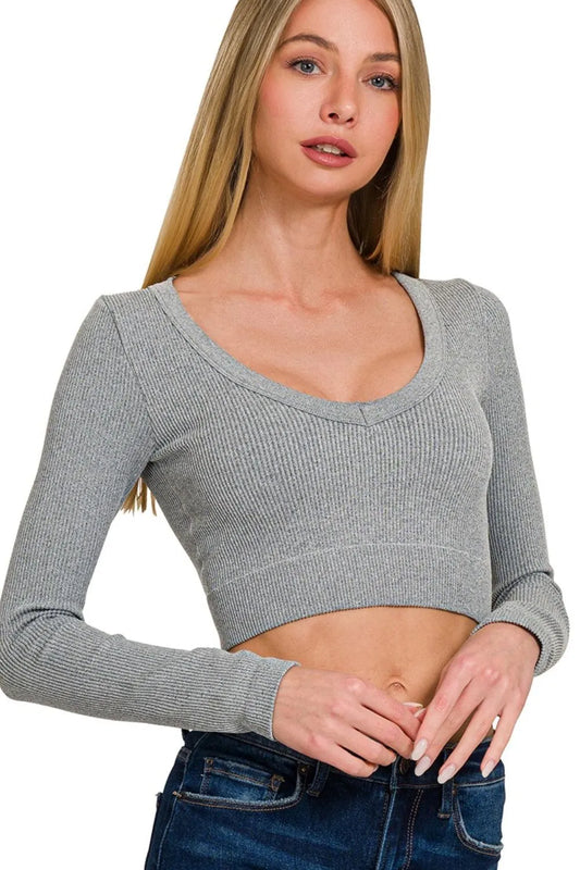 Image of Zenana Seamless Fitted Rib V-neck Long Sleeve Crop Top | Queeble.shop