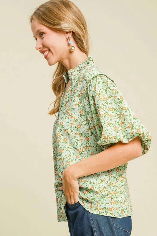 Image of Umgee Full Size Floral Print Puff Sleeve Top Plus Size | Queeble.shop