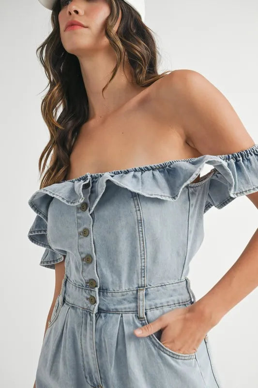 Image of MABLE Off Shoulder Ruffle Detail Denim Romper | Queeble.shop