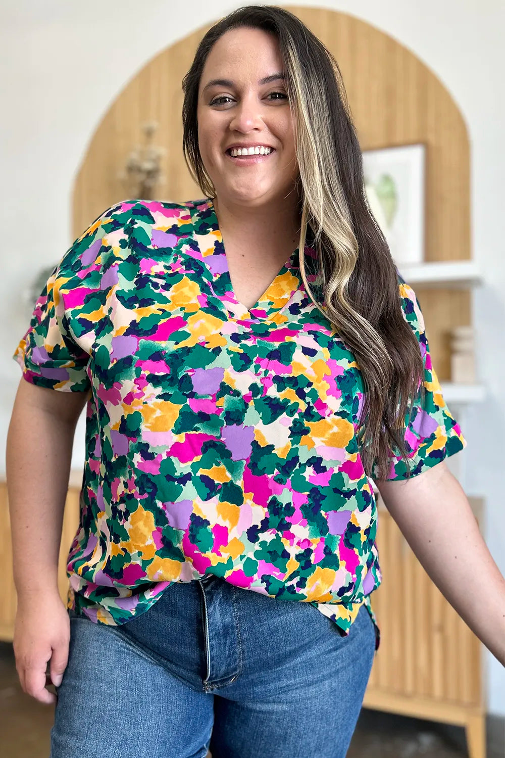 Image of Double Take Full Size Printed V-Neck Short Sleeve Side Slit Top | Queeble.shop