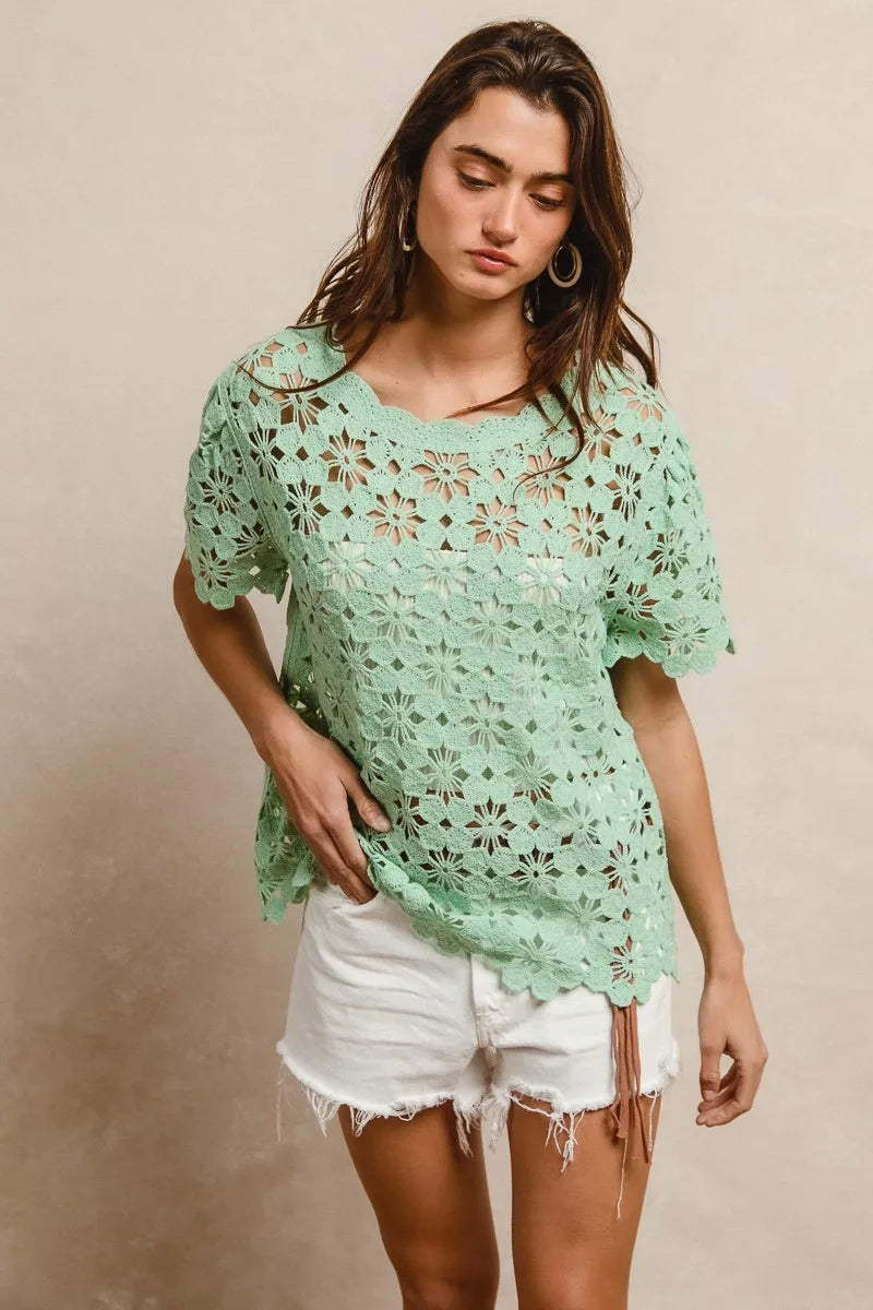 Image of BiBi Openwork Crochet Short Sleeve Knit Top | Queeble.shop