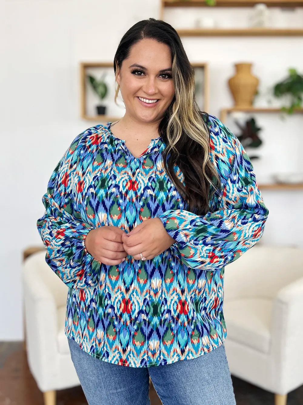 Image of Double Take Full Size Printed Balloon Sleeve Blouse | Queeble.shop