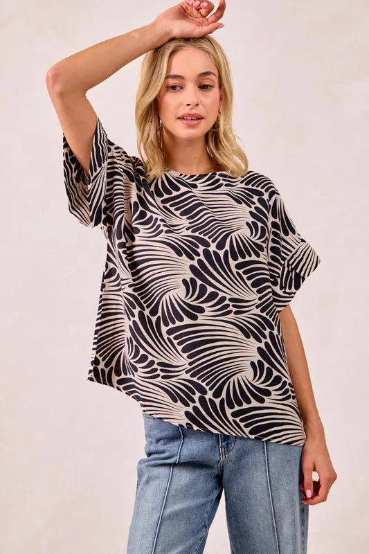 Image of BiBi Print Woven Ruffled Sleeves Top | Queeble.shop