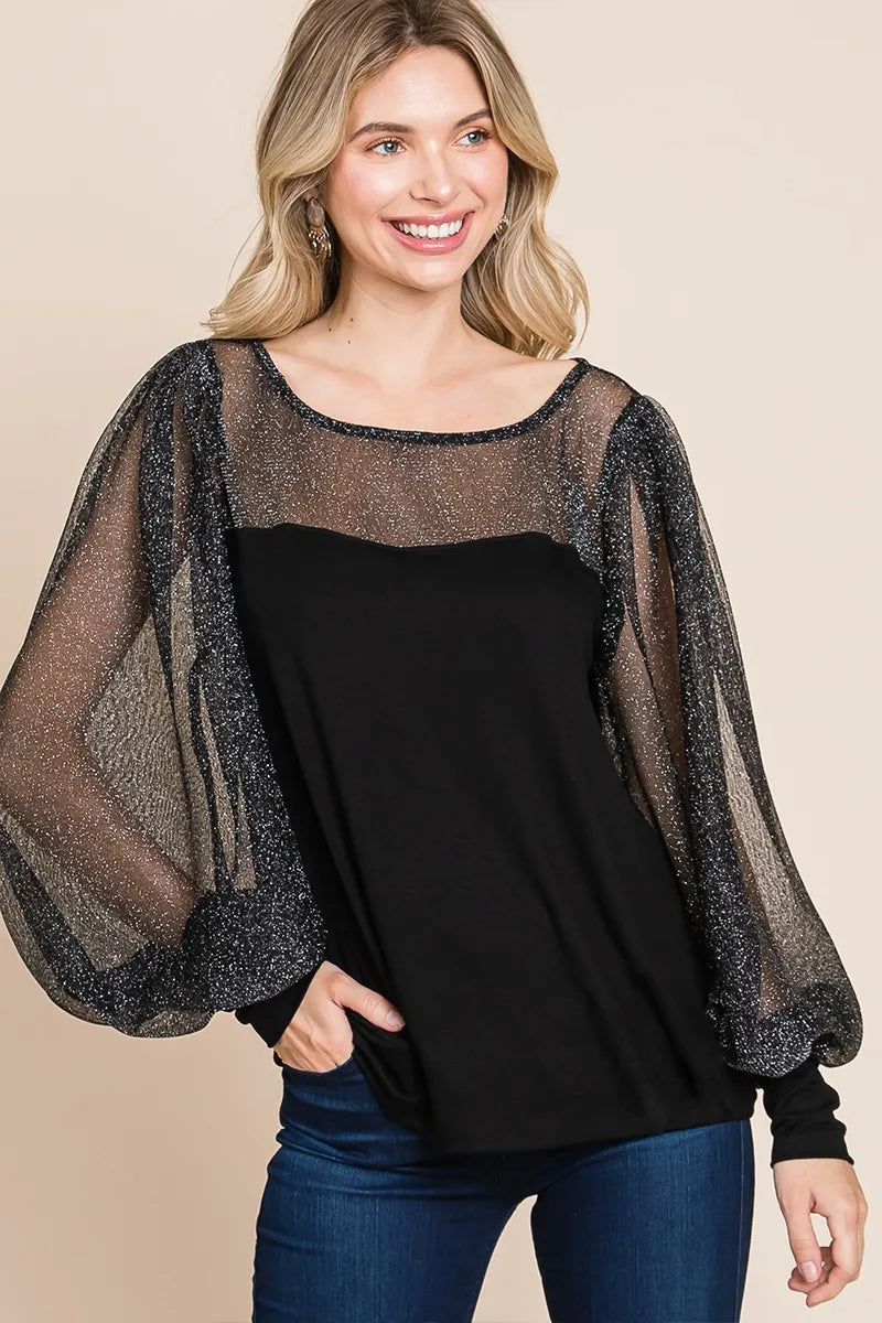 Image of Super Lady Full Size Metallic Mesh Lantern Sleeve Blouse | Queeble.shop