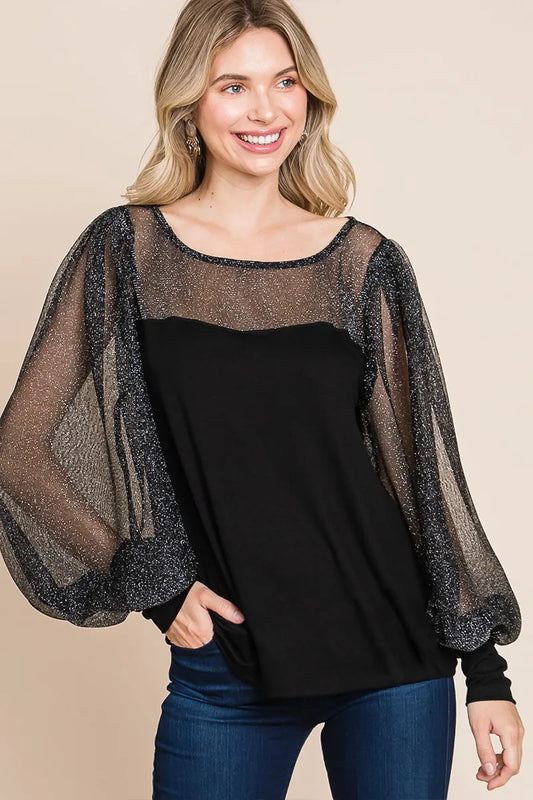 Image of Super Lady Full Size Metallic Mesh Lantern Sleeve Blouse | Queeble.shop