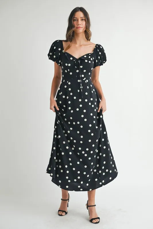 Image of MABLE Polka Dot Puff Sleeve Midi Dress | Queeble.shop