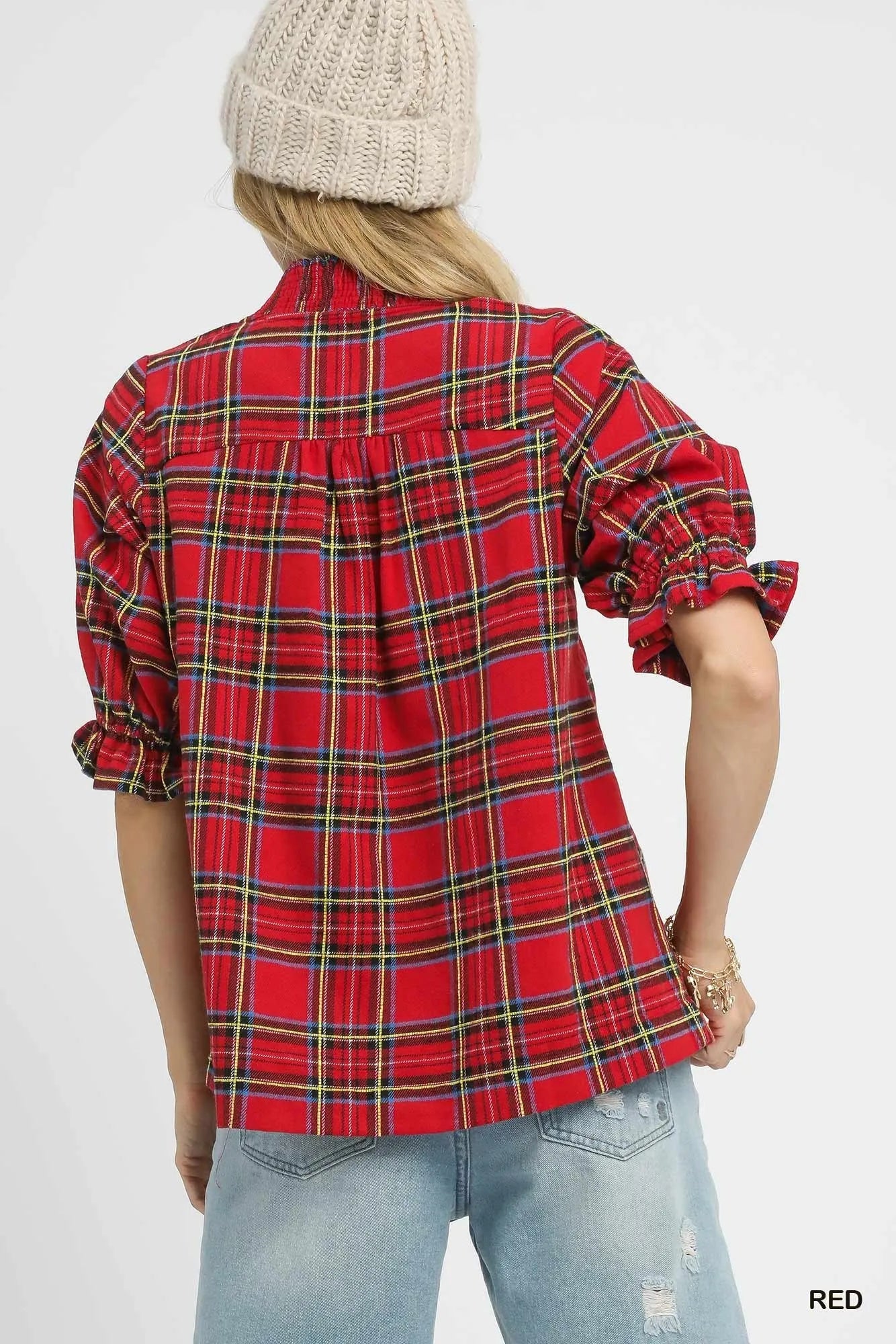 Image of Umgee Plaid Smocked V-Neck Flannel Top | Queeble.shop