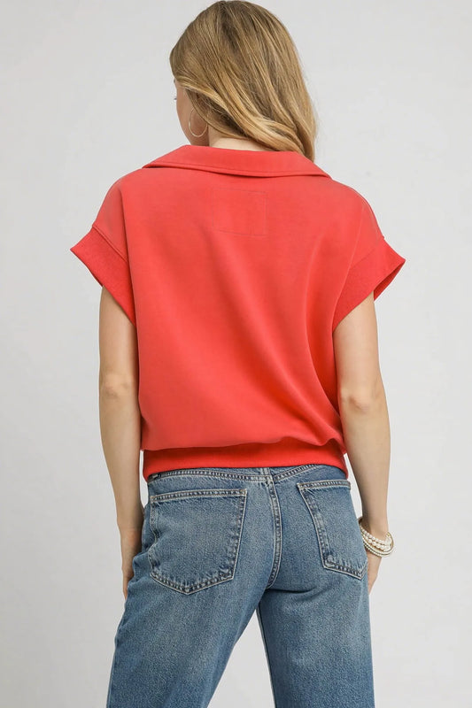 Image of Umgee Luxe Knit Collared Short Sleeve Polo Sweatshirt | Queeble.shop