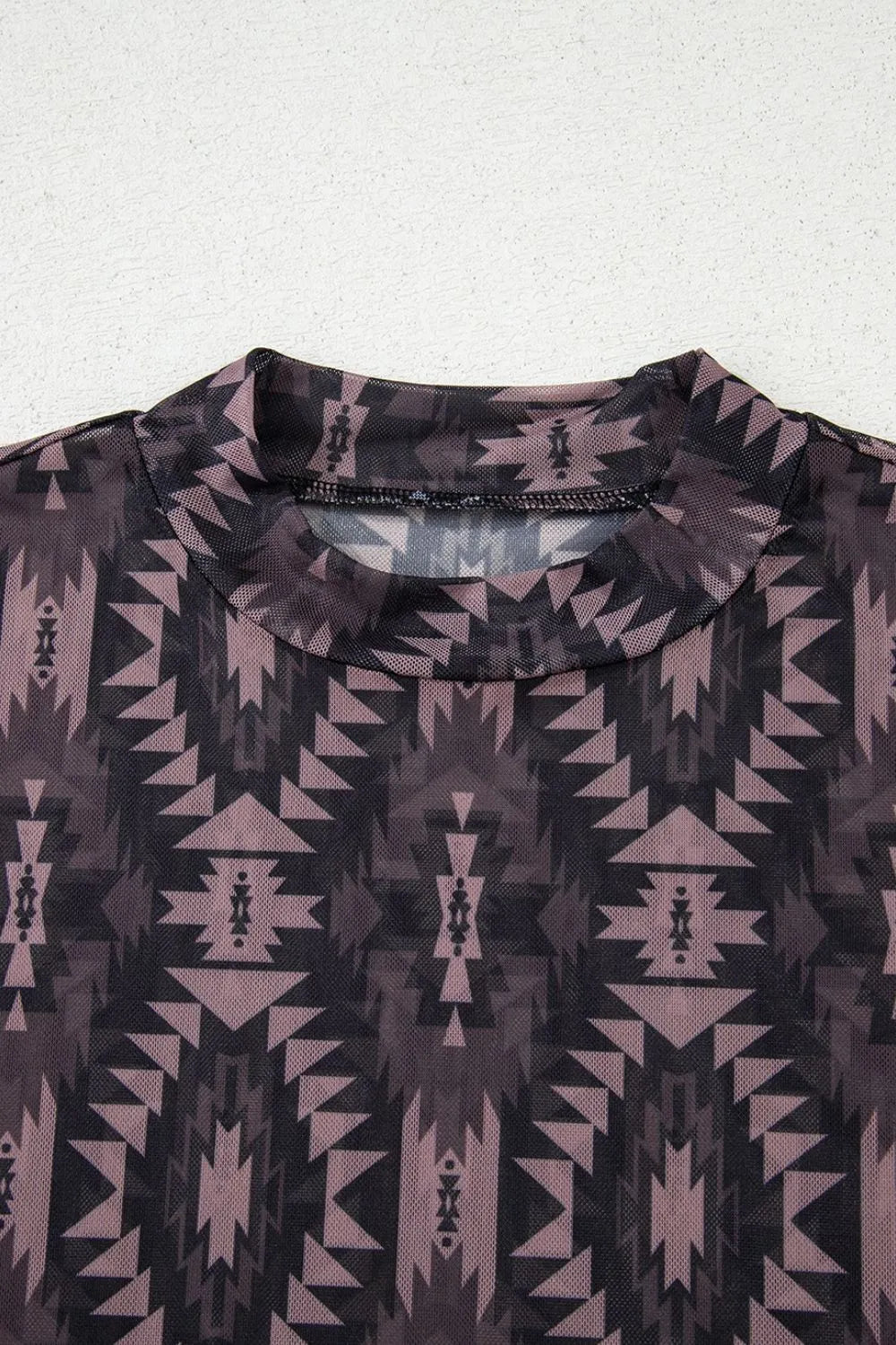 Image of Aztec Print Mock Neck Short Sleeve Mesh T Shirt | Queeble.shop