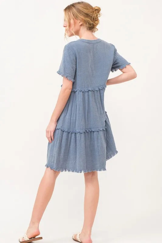 Image of And The Why Washed Frayed Detail Tiered Dress | Queeble.shop