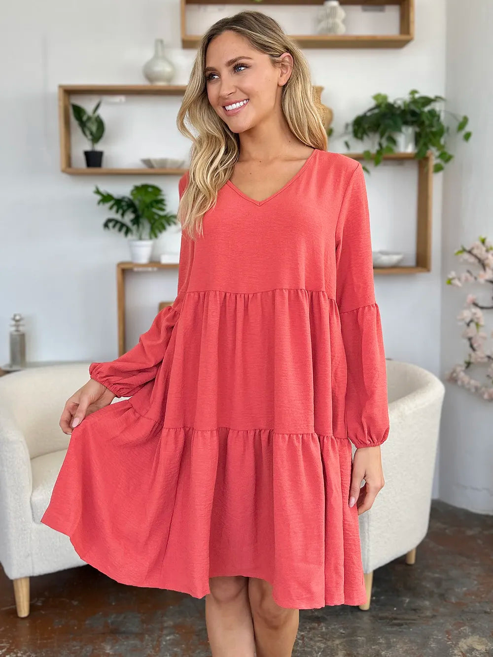 Image of Double Take Full Size V-Neck Balloon Sleeve Tiered Dress with Pockets | Queeble.shop