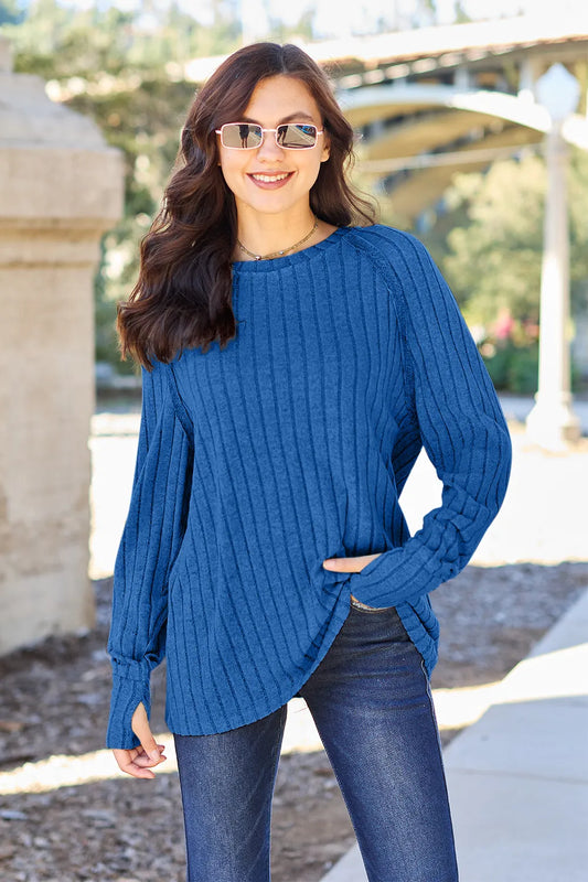 Image of Basic Bae Full Size Ribbed Round Neck Long Sleeve Knit Top | Queeble.shop