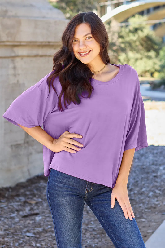 Image of Basic Bae Bamboo Full Size Round Neck Drop Shoulder T-Shirt | Queeble.shop